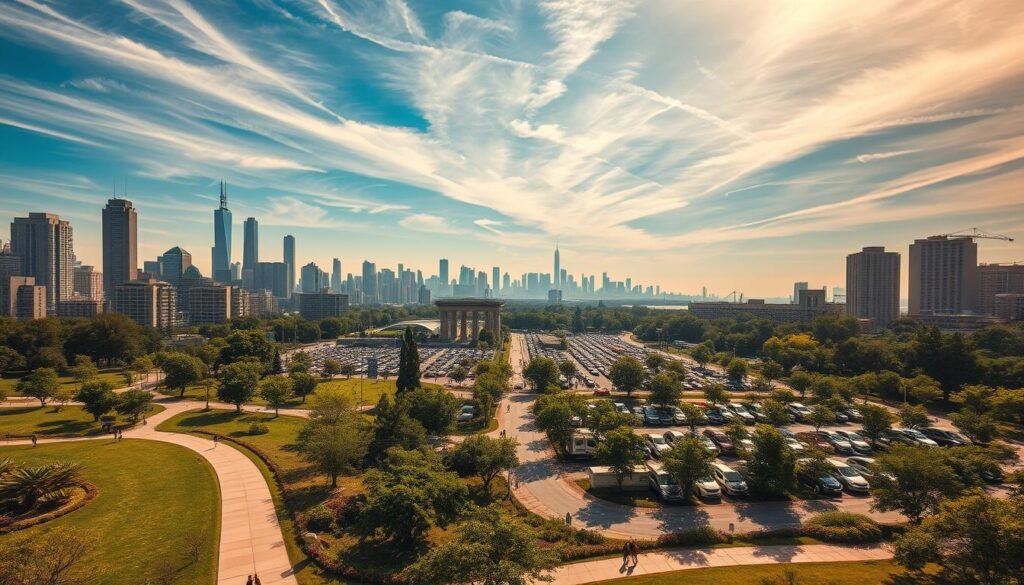 A bustling city skyline, with towering skyscrapers and a hazy, shimmering atmosphere. In the foreground, a lush green park, its trees and vegetation offering a stark contrast to the concrete and glass structures. People stroll along paved pathways, seeking respite from the intense summer heat. In the middle ground, a vast expanse of reflective, sun-baked pavement - a sea of parked cars and delivery trucks. Overhead, a brilliant blue sky, scattered with wispy clouds, and bathed in warm, golden sunlight. The scene conveys a sense of urban density, but also the vital role of green spaces and thoughtful design in mitigating the city's heat island effect. A bustling city skyline, with towering skyscrapers and a hazy, shimmering atmosphere. In the foreground, a lush green park, its trees and vegetation offering a stark contrast to the concrete and glass structures. People stroll along paved pathways, seeking respite from the intense summer heat. In the middle ground, a vast expanse of reflective, sun-baked pavement - a sea of parked cars and delivery trucks. Overhead, a brilliant blue sky, scattered with wispy clouds, and bathed in warm, golden sunlight. The scene conveys a sense of urban density, but also the vital role of green spaces and thoughtful design in mitigating the city's heat island effect.