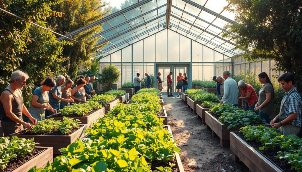 A bustling community greenhouse set against a backdrop of lush foliage and warm afternoon sunlight. In the foreground, a group of engaged residents tending to thriving vegetable beds, their faces alight with a sense of shared purpose. The middle ground features neatly organized rows of raised planters, each one bursting with vibrant greenery. In the background, a modern glass-and-steel structure with an open, airy design, inviting people to gather, collaborate, and learn about sustainable gardening practices. The scene exudes a spirit of collaboration, education, and a deep connection to the natural world. A bustling community greenhouse set against a backdrop of lush foliage and warm afternoon sunlight. In the foreground, a group of engaged residents tending to thriving vegetable beds, their faces alight with a sense of shared purpose. The middle ground features neatly organized rows of raised planters, each one bursting with vibrant greenery. In the background, a modern glass-and-steel structure with an open, airy design, inviting people to gather, collaborate, and learn about sustainable gardening practices. The scene exudes a spirit of collaboration, education, and a deep connection to the natural world.