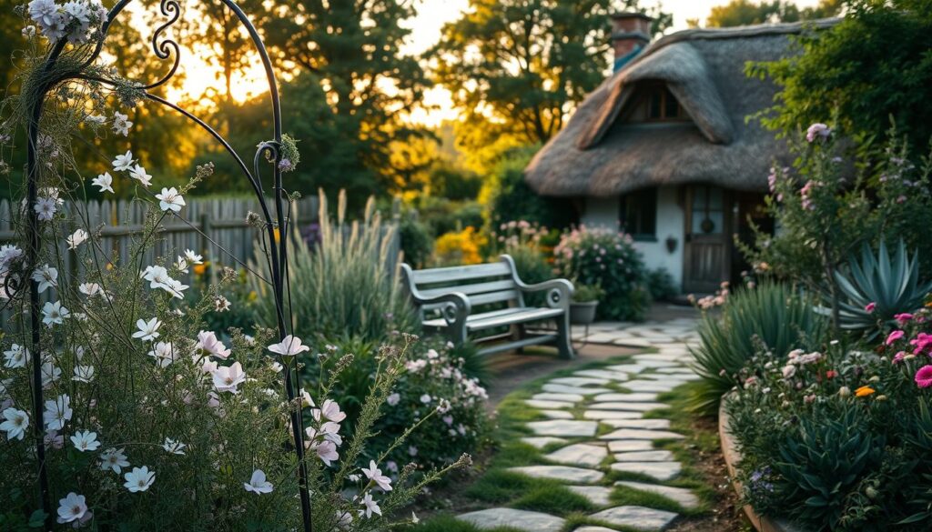 A charming, pastoral scene of a natural, "cottagecore" garden. In the foreground, a lush floral arrangement with delicate blooms in soft pastel hues, such as lavender, white, and pale pink. Trailing vines and fragrant herbs adorn an ornate wrought-iron garden arch. In the middle ground, a picturesque stone path leads to a quaint, weathered wooden bench surrounded by towering wildflowers. In the background, a cozy, thatched-roof cottage nestled among verdant trees, bathed in the warm glow of golden hour sunlight. The overall atmosphere is one of tranquility, simplicity, and a connection to nature. A charming, pastoral scene of a natural, "cottagecore" garden. In the foreground, a lush floral arrangement with delicate blooms in soft pastel hues, such as lavender, white, and pale pink. Trailing vines and fragrant herbs adorn an ornate wrought-iron garden arch. In the middle ground, a picturesque stone path leads to a quaint, weathered wooden bench surrounded by towering wildflowers. In the background, a cozy, thatched-roof cottage nestled among verdant trees, bathed in the warm glow of golden hour sunlight. The overall atmosphere is one of tranquility, simplicity, and a connection to nature.