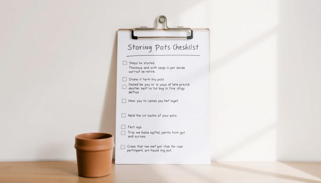 A clean, minimalist checklist prominently displayed against a neutral background, showcasing essential steps for properly storing pots during the off-season. The checklist items are written in a clear, easy-to-read font, with simple icons or illustrations to aid comprehension. The overall composition emphasizes organization and attention to detail, reflecting the methodical approach to pot maintenance described in the article. Soft, natural lighting illuminates the scene, lending a sense of tranquility and focus. The camera captures the checklist at a slightly elevated angle, providing a bird's-eye view for easy reading and reference. A clean, minimalist checklist prominently displayed against a neutral background, showcasing essential steps for properly storing pots during the off-season. The checklist items are written in a clear, easy-to-read font, with simple icons or illustrations to aid comprehension. The overall composition emphasizes organization and attention to detail, reflecting the methodical approach to pot maintenance described in the article. Soft, natural lighting illuminates the scene, lending a sense of tranquility and focus. The camera captures the checklist at a slightly elevated angle, providing a bird's-eye view for easy reading and reference.
