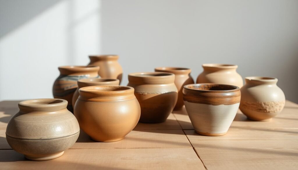 A clean, well-lit still life depicting several ceramic pots arranged on a wooden surface. The pots are in various earthy tones, some with a matte finish, others with a glossy glaze. Soft natural light illuminates the scene, casting gentle shadows and highlighting the tactile surfaces of the pottery. The pots are arranged in a balanced, visually appealing composition, with some in the foreground, others in the middle ground, and a few receding into the background. The overall mood is calm, serene, and showcases the simple beauty of these handcrafted, air-dried ceramic vessels.