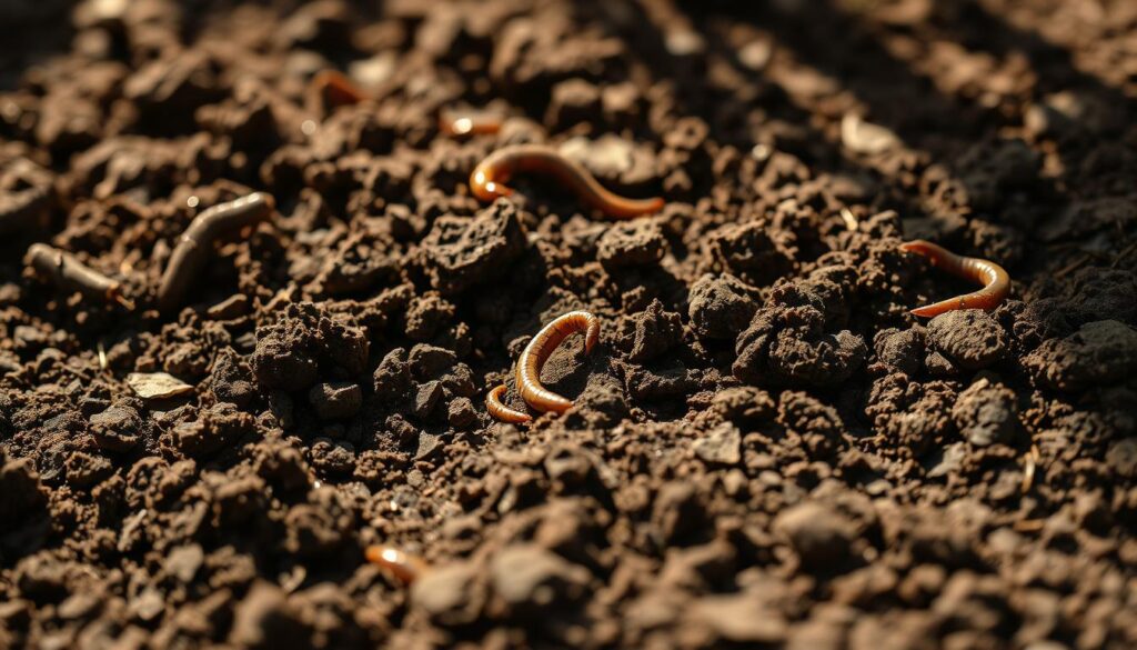 A close-up, high-resolution photograph of a rich, dark brown potting soil. The soil is freshly tilled, with a crumbly, loose texture and visible organic matter. Sunlight filters through the scene, casting warm, gentle shadows that accentuate the soil's depth and structure. The foreground is in sharp focus, drawing the viewer's attention to the soil's healthy, nutrient-dense appearance. The middle ground features small root structures and earthworms, hinting at the vibrant ecosystem within. The background is blurred, creating a sense of depth and emphasizing the soil as the primary subject. The overall mood is one of earthy vitality, inviting the viewer to imagine the nourishing potential of this foundation for container plants. A close-up, high-resolution photograph of a rich, dark brown potting soil. The soil is freshly tilled, with a crumbly, loose texture and visible organic matter. Sunlight filters through the scene, casting warm, gentle shadows that accentuate the soil's depth and structure. The foreground is in sharp focus, drawing the viewer's attention to the soil's healthy, nutrient-dense appearance. The middle ground features small root structures and earthworms, hinting at the vibrant ecosystem within. The background is blurred, creating a sense of depth and emphasizing the soil as the primary subject. The overall mood is one of earthy vitality, inviting the viewer to imagine the nourishing potential of this foundation for container plants.