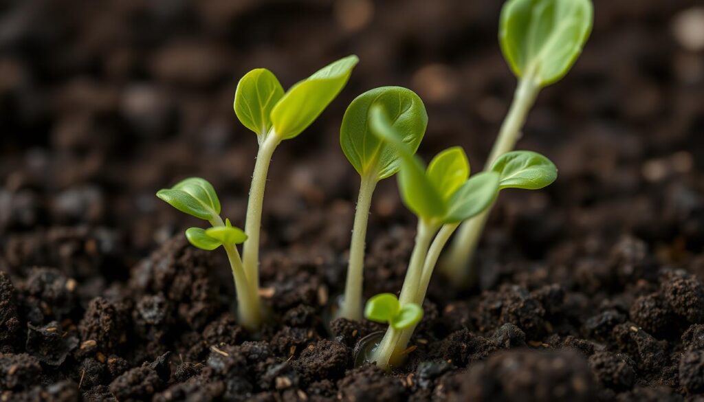 A close-up, highly detailed image of several young seedlings emerging from the soil, with vibrant green leaves and delicate stems. The seedlings are surrounded by a dark, moist soil backdrop, conveying the damp, nurturing environment needed for healthy growth. Soft, diffused lighting casts subtle shadows, highlighting the intricate textures and shapes of the fragile seedlings. The composition is carefully framed to emphasize the vulnerability of the plants, evoking a sense of the critical early stages of plant development and the importance of proper care to prevent damping-off disease. A close-up, highly detailed image of several young seedlings emerging from the soil, with vibrant green leaves and delicate stems. The seedlings are surrounded by a dark, moist soil backdrop, conveying the damp, nurturing environment needed for healthy growth. Soft, diffused lighting casts subtle shadows, highlighting the intricate textures and shapes of the fragile seedlings. The composition is carefully framed to emphasize the vulnerability of the plants, evoking a sense of the critical early stages of plant development and the importance of proper care to prevent damping-off disease.