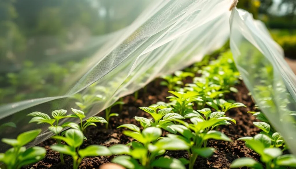 A close-up of protective covers shielding delicate seedlings in a lush, verdant garden. The covers are made of a lightweight, transparent material that allows sunlight to filter through while providing a sheltered environment. The seedlings are neatly arranged in rows, their vibrant green leaves gently swaying in a soft breeze. Diffused natural lighting casts a warm, soft glow, creating a serene and nurturing atmosphere. The camera angle is slightly low, emphasizing the delicate nature of the seedlings and the care taken to protect them. The background is blurred, keeping the focus on the protective covers and the thriving seedlings they envelop. A close-up of protective covers shielding delicate seedlings in a lush, verdant garden. The covers are made of a lightweight, transparent material that allows sunlight to filter through while providing a sheltered environment. The seedlings are neatly arranged in rows, their vibrant green leaves gently swaying in a soft breeze. Diffused natural lighting casts a warm, soft glow, creating a serene and nurturing atmosphere. The camera angle is slightly low, emphasizing the delicate nature of the seedlings and the care taken to protect them. The background is blurred, keeping the focus on the protective covers and the thriving seedlings they envelop.