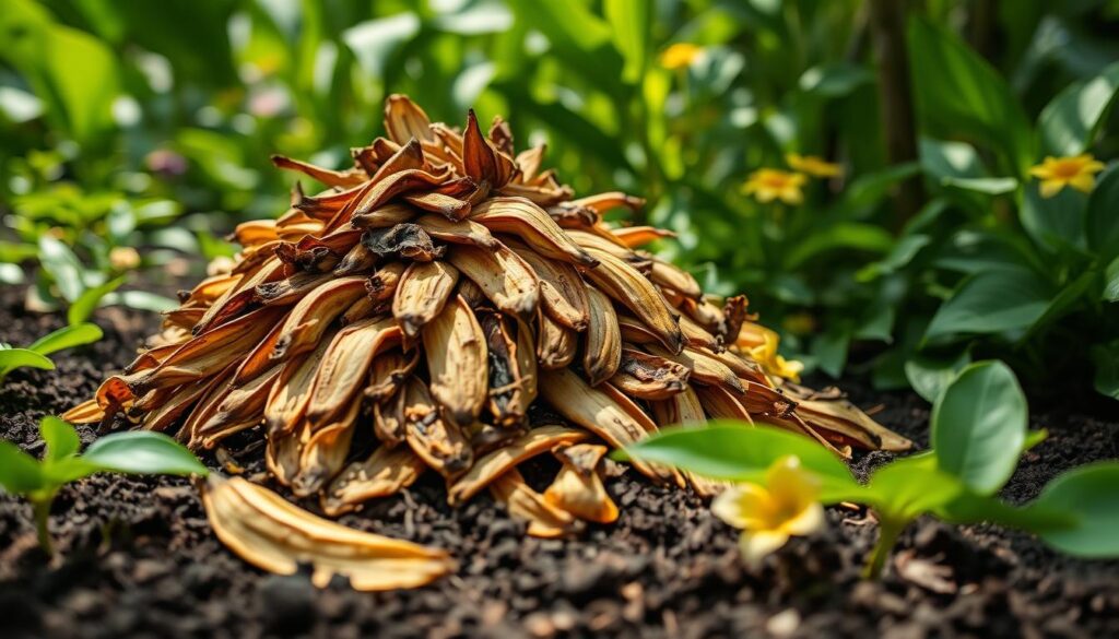 A close-up photograph of a mound of banana peels in a lush, verdant garden setting. The peels are partially decomposed, with a rich, earthy brown color and a slightly mottled texture. The mound is situated on a bed of dark, loamy soil, surrounded by vibrant green foliage and flowers. Soft, diffused natural lighting illuminates the scene, casting gentle shadows and highlights that accentuate the organic, textural qualities of the banana peels. The overall mood is one of tranquility and the cycle of life, inviting the viewer to consider the potential of this humble kitchen waste as a valuable fertilizer. A close-up photograph of a mound of banana peels in a lush, verdant garden setting. The peels are partially decomposed, with a rich, earthy brown color and a slightly mottled texture. The mound is situated on a bed of dark, loamy soil, surrounded by vibrant green foliage and flowers. Soft, diffused natural lighting illuminates the scene, casting gentle shadows and highlights that accentuate the organic, textural qualities of the banana peels. The overall mood is one of tranquility and the cycle of life, inviting the viewer to consider the potential of this humble kitchen waste as a valuable fertilizer.