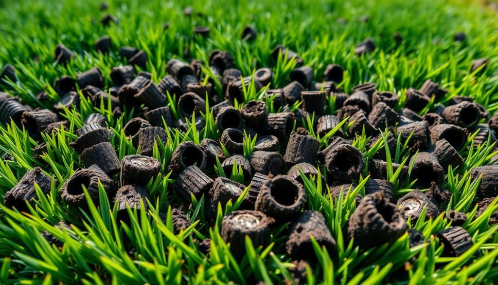 A close-up photograph of freshly aerated lawn plugs, scattered across a manicured grass surface. The dark soil cylinders contrast sharply with the lush green blades, creating a textured, organic pattern. Warm, directional lighting casts soft shadows, emphasizing the three-dimensional shape and structure of the plugs. The image is crisp and in focus, captured from a low angle to showcase the plugs' intricate details and ragged edges. The overall composition conveys a sense of preparation and anticipation, hinting at the potential for growth and rejuvenation in the lawn after this essential aeration process. A close-up photograph of freshly aerated lawn plugs, scattered across a manicured grass surface. The dark soil cylinders contrast sharply with the lush green blades, creating a textured, organic pattern. Warm, directional lighting casts soft shadows, emphasizing the three-dimensional shape and structure of the plugs. The image is crisp and in focus, captured from a low angle to showcase the plugs' intricate details and ragged edges. The overall composition conveys a sense of preparation and anticipation, hinting at the potential for growth and rejuvenation in the lawn after this essential aeration process.
