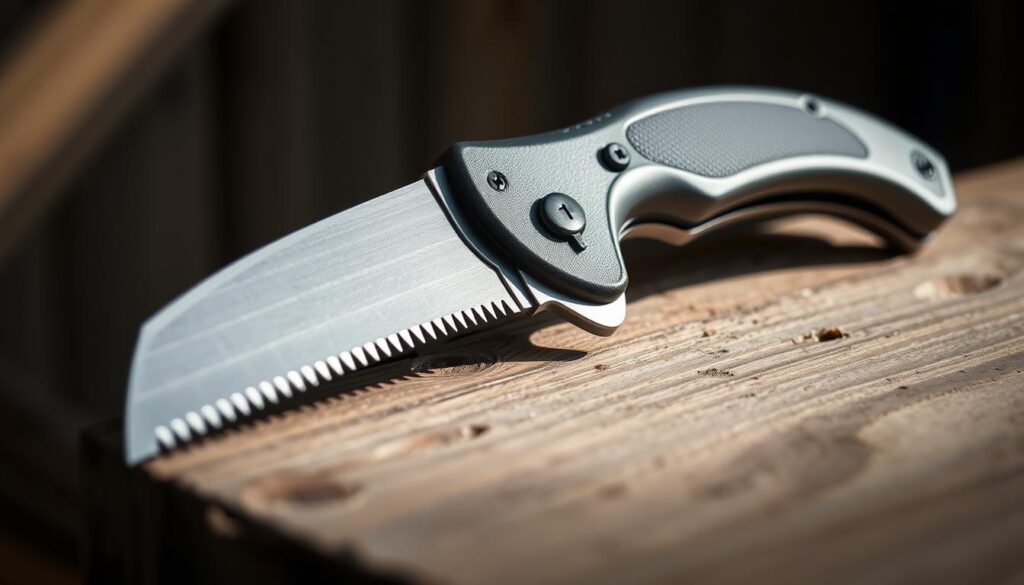 A close-up shot of a folding saw, its metallic blade gleaming under soft, directional lighting. The saw is positioned on a wooden surface, showcasing its ergonomic, rubberized handle and compact, foldable design. The blade is partially extended, revealing its sharp, serrated teeth. The background is blurred, placing the focus on the saw's impressive engineering and attention to detail, highlighting its durability and suitability for precise pruning and yard work tasks. A close-up shot of a folding saw, its metallic blade gleaming under soft, directional lighting. The saw is positioned on a wooden surface, showcasing its ergonomic, rubberized handle and compact, foldable design. The blade is partially extended, revealing its sharp, serrated teeth. The background is blurred, placing the focus on the saw's impressive engineering and attention to detail, highlighting its durability and suitability for precise pruning and yard work tasks.