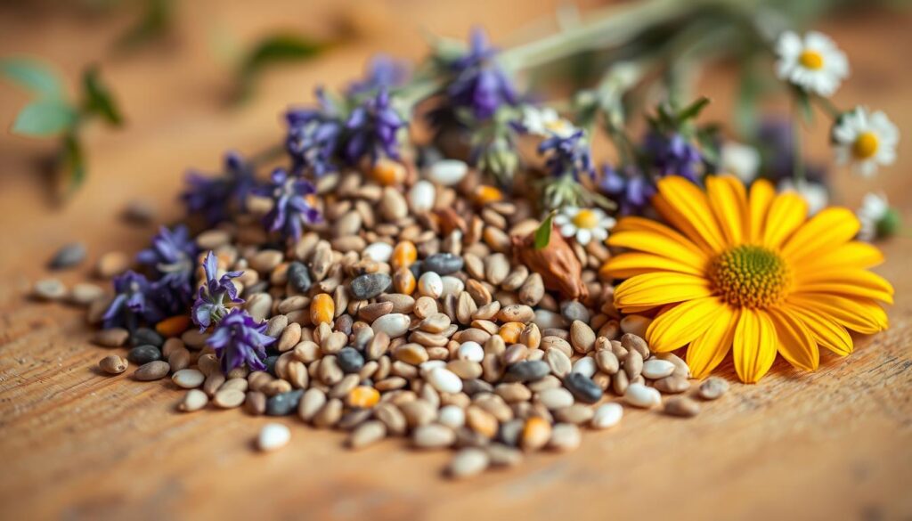 A close-up shot of a handful of different types of seeds, including lavender, chamomile, and calendula, arranged neatly on a warm-toned wooden surface. The seeds are vibrant and well-defined, with a soft, natural lighting that enhances their textures and colors. The background is slightly blurred, creating a sense of depth and focus on the foreground. The overall composition conveys a sense of abundance, potential, and the joy of growing one's own herbal plants from seed. A close-up shot of a handful of different types of seeds, including lavender, chamomile, and calendula, arranged neatly on a warm-toned wooden surface. The seeds are vibrant and well-defined, with a soft, natural lighting that enhances their textures and colors. The background is slightly blurred, creating a sense of depth and focus on the foreground. The overall composition conveys a sense of abundance, potential, and the joy of growing one's own herbal plants from seed.