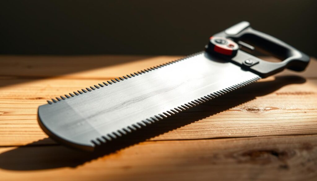 A close-up shot of a high-quality pruning saw lying on a wooden surface, with a clean and minimalist background. The saw should be in sharp focus, showcasing its fine-toothed, hardened steel blade and sturdy, ergonomic handle. Crisp, even lighting from the side creates dramatic shadows that accentuate the saw's detailed features and precise engineering. The overall composition should convey a sense of quality, functionality, and attention to technical specifications, in line with the article's focus on the key attributes of an effective pruning saw. A close-up shot of a high-quality pruning saw lying on a wooden surface, with a clean and minimalist background. The saw should be in sharp focus, showcasing its fine-toothed, hardened steel blade and sturdy, ergonomic handle. Crisp, even lighting from the side creates dramatic shadows that accentuate the saw's detailed features and precise engineering. The overall composition should convey a sense of quality, functionality, and attention to technical specifications, in line with the article's focus on the key attributes of an effective pruning saw.