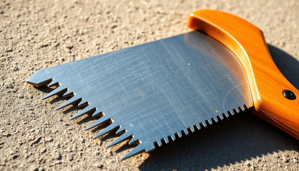 A close-up shot of a well-maintained pruning saw in natural lighting. The saw's blade is sharpened and gleaming, with a wooden handle in a warm, earthy tone. The teeth are precisely aligned, indicating careful attention to detail. The saw is positioned on a textured, neutral-colored surface, allowing the tool to be the central focus. The lighting casts soft shadows, emphasizing the saw's contours and highlighting its functional beauty. This image conveys the importance of proper care and maintenance to ensure the longevity and effectiveness of a pruning saw, as discussed in the article's section on blade life. A close-up shot of a well-maintained pruning saw in natural lighting. The saw's blade is sharpened and gleaming, with a wooden handle in a warm, earthy tone. The teeth are precisely aligned, indicating careful attention to detail. The saw is positioned on a textured, neutral-colored surface, allowing the tool to be the central focus. The lighting casts soft shadows, emphasizing the saw's contours and highlighting its functional beauty. This image conveys the importance of proper care and maintenance to ensure the longevity and effectiveness of a pruning saw, as discussed in the article's section on blade life.