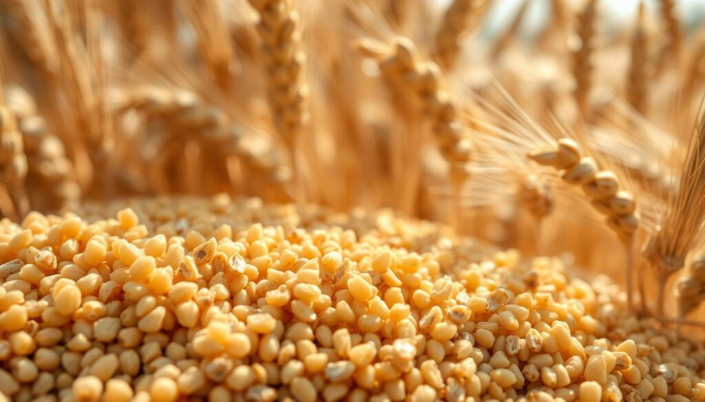 A close-up shot of an assortment of healthy, drought-resistant cereal grains. The foreground features plump, golden kernels of millet, sorghum, and teff, their intricate textures and shapes illuminated by warm, natural light filtering through. In the middle ground, clusters of hardy, bristling barley and wheat heads sway gently, their awns catching the light. The background blurs softly, hinting at a rustic, sun-dappled field or garden setting. The overall mood is one of resilience, abundance, and the natural beauty found in the small but mighty grains that thrive in arid conditions. A close-up shot of an assortment of healthy, drought-resistant cereal grains. The foreground features plump, golden kernels of millet, sorghum, and teff, their intricate textures and shapes illuminated by warm, natural light filtering through. In the middle ground, clusters of hardy, bristling barley and wheat heads sway gently, their awns catching the light. The background blurs softly, hinting at a rustic, sun-dappled field or garden setting. The overall mood is one of resilience, abundance, and the natural beauty found in the small but mighty grains that thrive in arid conditions.
