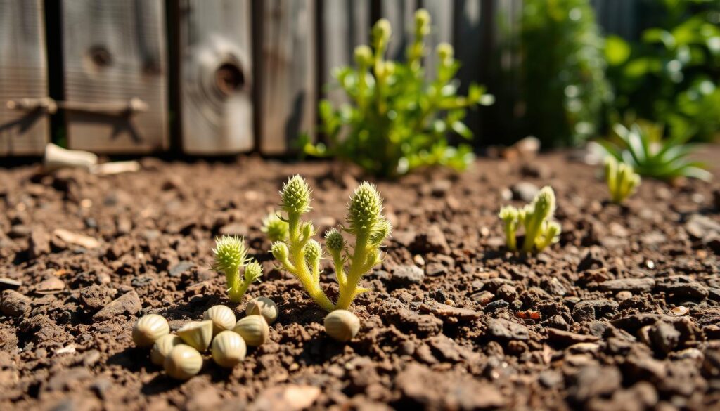 A close-up shot of drought-resistant succulent seedlings thriving in a sun-dappled garden bed. The tiny green rosettes and spiky stems stand out against the rich, cracked soil. A handful of the resilient seeds are scattered in the foreground, their textured casings glinting in the warm light. In the background, a weathered wooden fence and a few lush, green plants provide a natural, earthy backdrop, emphasizing the hardy, self-sufficient nature of the drought-tolerant specimens. The overall mood is one of resilience, sustainability, and the triumph of life over challenging conditions. A close-up shot of drought-resistant succulent seedlings thriving in a sun-dappled garden bed. The tiny green rosettes and spiky stems stand out against the rich, cracked soil. A handful of the resilient seeds are scattered in the foreground, their textured casings glinting in the warm light. In the background, a weathered wooden fence and a few lush, green plants provide a natural, earthy backdrop, emphasizing the hardy, self-sufficient nature of the drought-tolerant specimens. The overall mood is one of resilience, sustainability, and the triumph of life over challenging conditions.