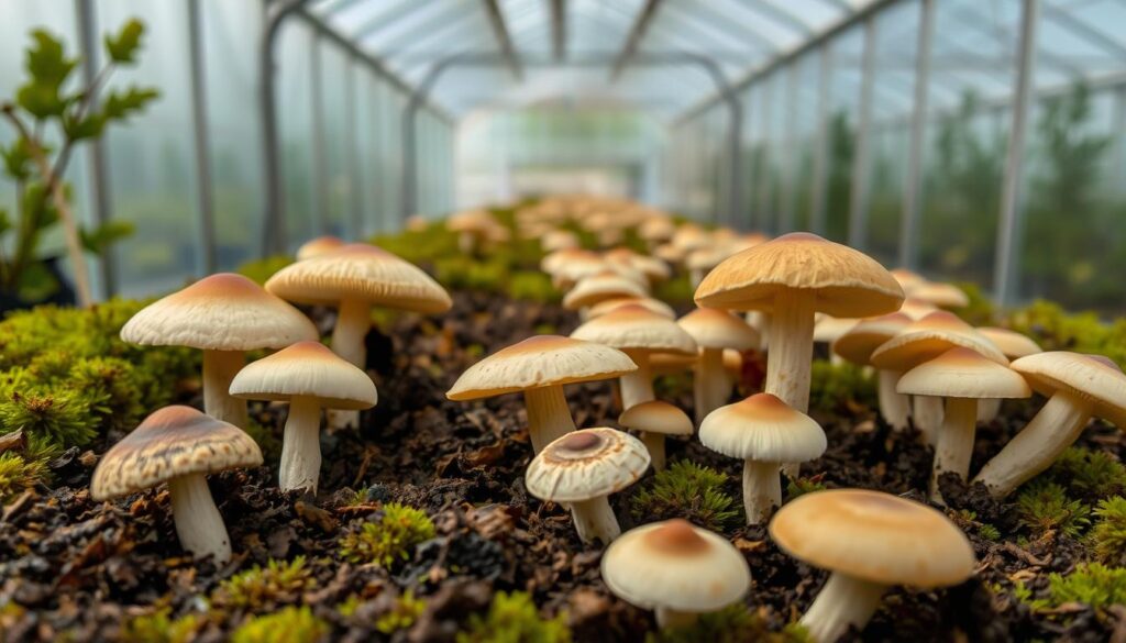 A close-up shot of various mushroom species growing on a lush, moss-covered substrate in a controlled greenhouse environment. The mushrooms are displayed in the foreground, with their caps and stems in varying shades of brown, white, and yellow. The substrate in the middle ground is a rich, dark humus, providing a natural and earthy backdrop. The lighting is soft and diffused, creating a warm, inviting atmosphere that highlights the textures and details of the mushrooms and their environment. The greenhouse structure is visible in the background, with its glass panels allowing natural light to filter in, creating a harmonious balance between the cultivated and the natural. A close-up shot of various mushroom species growing on a lush, moss-covered substrate in a controlled greenhouse environment. The mushrooms are displayed in the foreground, with their caps and stems in varying shades of brown, white, and yellow. The substrate in the middle ground is a rich, dark humus, providing a natural and earthy backdrop. The lighting is soft and diffused, creating a warm, inviting atmosphere that highlights the textures and details of the mushrooms and their environment. The greenhouse structure is visible in the background, with its glass panels allowing natural light to filter in, creating a harmonious balance between the cultivated and the natural.