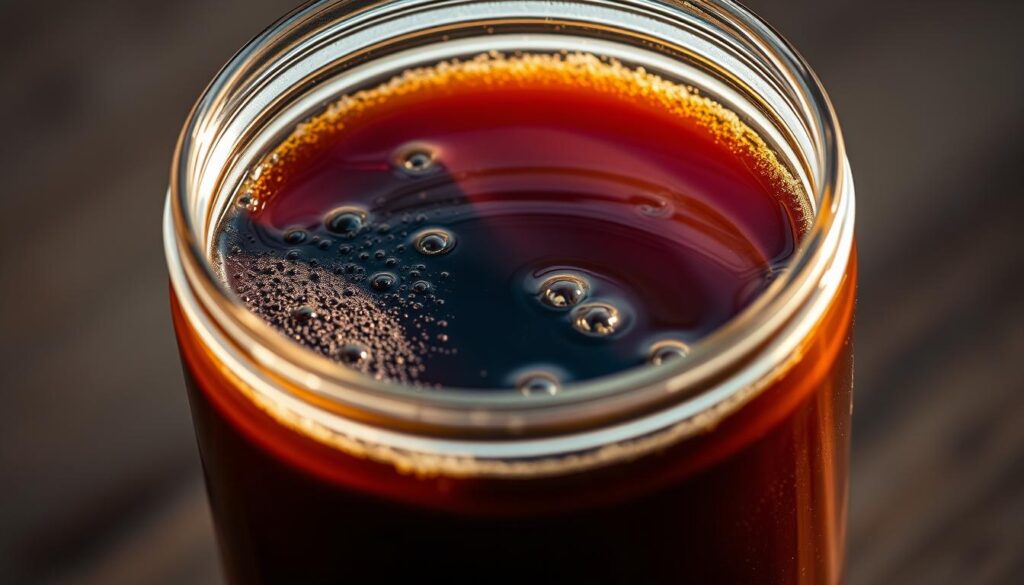 A close-up view of a clear glass jar filled with a rich, dark brown liquid. The liquid is lightly fizzing and bubbling, with tiny air bubbles rising to the surface. The jar is illuminated from the side, casting warm, soft lighting that highlights the organic, earthy tones of the compost tea. The background is blurred, creating a sense of focus on the jar and its contents. The overall mood is one of natural, healthy vibrancy, inviting the viewer to imagine the powerful benefits this compost tea could bring to a thriving garden. A close-up view of a clear glass jar filled with a rich, dark brown liquid. The liquid is lightly fizzing and bubbling, with tiny air bubbles rising to the surface. The jar is illuminated from the side, casting warm, soft lighting that highlights the organic, earthy tones of the compost tea. The background is blurred, creating a sense of focus on the jar and its contents. The overall mood is one of natural, healthy vibrancy, inviting the viewer to imagine the powerful benefits this compost tea could bring to a thriving garden.