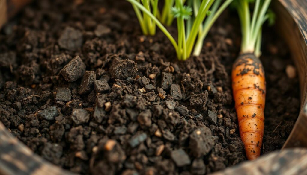 A close-up view of a container filled with rich, dark brown organic soil, perfect for growing container carrots. The soil is loose and crumbly, with visible flecks of compost and peat moss, creating an ideal medium for the carrot roots to thrive. The container is made of weathered, rustic wood, adding a natural, earthy feel. Soft, diffused lighting casts gentle shadows, highlighting the texture and depth of the soil. The composition is framed from a high angle, emphasizing the container's contents and creating a sense of abundance and nourishment for the vibrant carrot tops that will soon emerge. A close-up view of a container filled with rich, dark brown organic soil, perfect for growing container carrots. The soil is loose and crumbly, with visible flecks of compost and peat moss, creating an ideal medium for the carrot roots to thrive. The container is made of weathered, rustic wood, adding a natural, earthy feel. Soft, diffused lighting casts gentle shadows, highlighting the texture and depth of the soil. The composition is framed from a high angle, emphasizing the container's contents and creating a sense of abundance and nourishment for the vibrant carrot tops that will soon emerge.