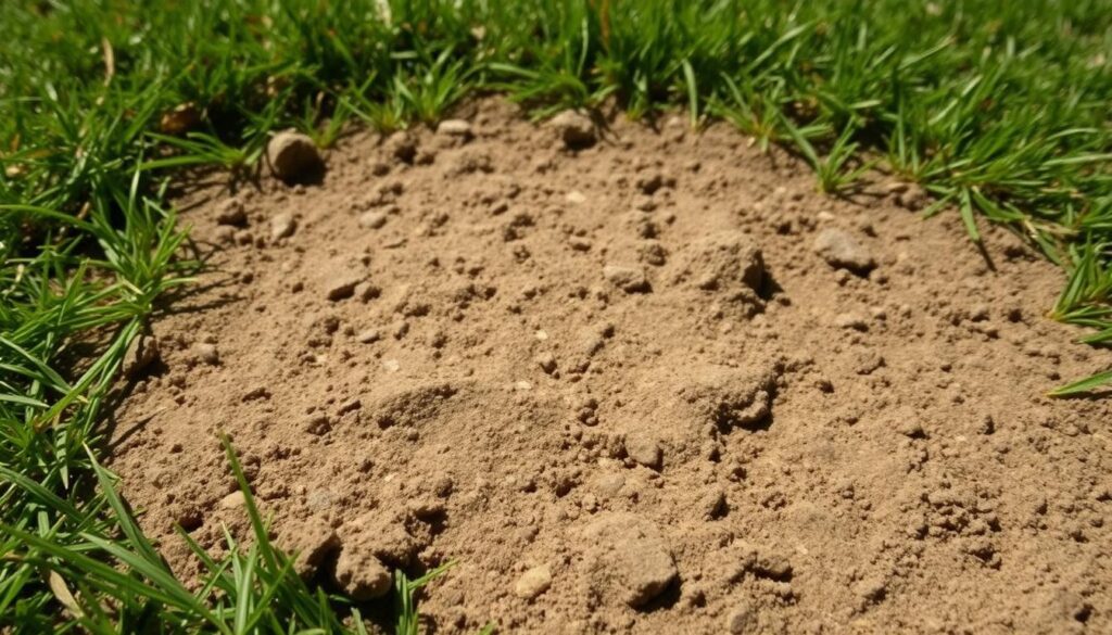 A close-up view of a patch of soil on a lawn, showing the effects of heavy foot traffic. The surface is compacted and worn, with visible indentations and sparse grass coverage. The soil has a dull, grayish-brown hue, indicating a lack of healthy, vibrant vegetation. Sunlight casts warm, directional shadows, emphasizing the texture and uneven terrain. The image captures the visual evidence of a problem area, where the grass has been damaged and struggled to thrive due to constant foot traffic.