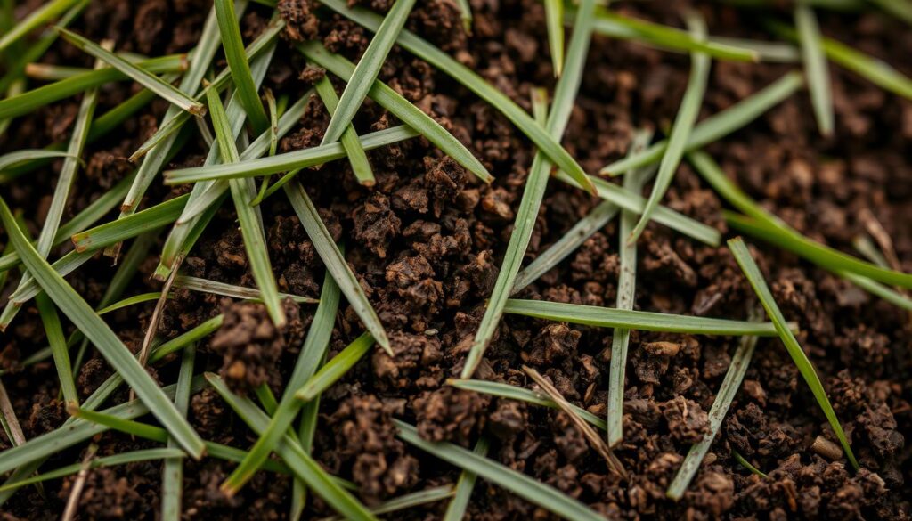 A close-up view of a pile of freshly cut grass clippings, with the texture and hue of rich, dark soil visible beneath. The clippings are arranged in a natural, scattered pattern, suggesting they have been recently deposited. The lighting is soft and diffused, creating a warm, earthy tone that enhances the organic nature of the scene. The focus is sharp, allowing the individual blades of grass and soil particles to be clearly visible, conveying a sense of detail and texture. The overall composition is balanced and visually appealing, inviting the viewer to imagine the potential of this mixture as a valuable soil amendment for a thriving garden. A close-up view of a pile of freshly cut grass clippings, with the texture and hue of rich, dark soil visible beneath. The clippings are arranged in a natural, scattered pattern, suggesting they have been recently deposited. The lighting is soft and diffused, creating a warm, earthy tone that enhances the organic nature of the scene. The focus is sharp, allowing the individual blades of grass and soil particles to be clearly visible, conveying a sense of detail and texture. The overall composition is balanced and visually appealing, inviting the viewer to imagine the potential of this mixture as a valuable soil amendment for a thriving garden.