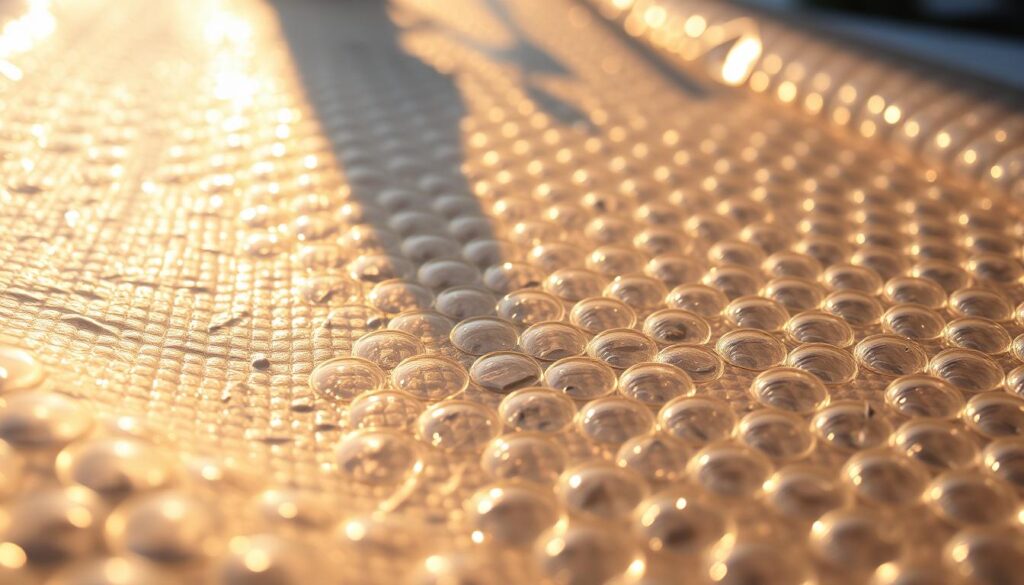 A close-up view of a sheet of horticultural bubble wrap, its translucent bubbles filled with air to provide insulation. The wrap is lying flat, its surface glistening under warm, diffused lighting, casting soft shadows. The background is blurred, creating a sense of depth and focus on the material's intricate texture and patterns. The overall mood is one of simplicity, practicality, and a touch of scientific curiosity, highlighting the wrap's unique properties as an affordable, effective greenhouse insulator. A close-up view of a sheet of horticultural bubble wrap, its translucent bubbles filled with air to provide insulation. The wrap is lying flat, its surface glistening under warm, diffused lighting, casting soft shadows. The background is blurred, creating a sense of depth and focus on the material's intricate texture and patterns. The overall mood is one of simplicity, practicality, and a touch of scientific curiosity, highlighting the wrap's unique properties as an affordable, effective greenhouse insulator.