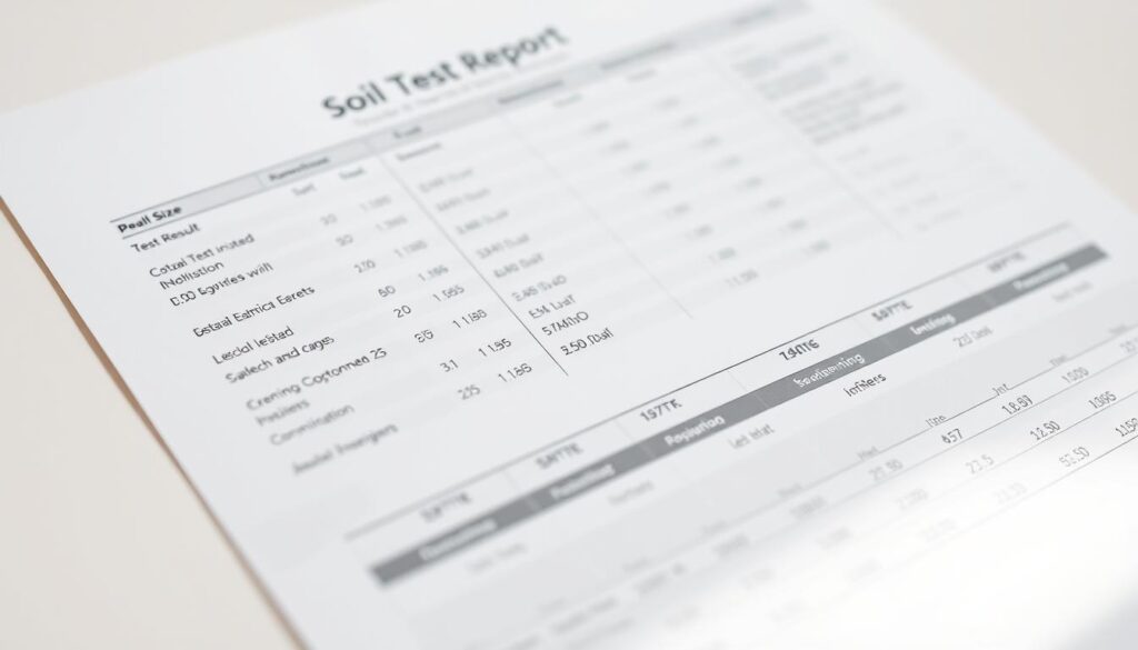 A close-up view of a soil test report, displaying various test results and measurements presented in a clean, laboratory-style format. The report is set against a minimalist, off-white background, allowing the technical details to take center stage. The lighting is natural and diffuse, creating a sense of clarity and scientific precision. The lens is focused to capture the fine print and numerical values with crisp definition, while the angle emphasizes the comprehensive nature of the analysis. The overall mood is one of authoritative, fact-based information, reflecting the rigorous process of professional soil testing. A close-up view of a soil test report, displaying various test results and measurements presented in a clean, laboratory-style format. The report is set against a minimalist, off-white background, allowing the technical details to take center stage. The lighting is natural and diffuse, creating a sense of clarity and scientific precision. The lens is focused to capture the fine print and numerical values with crisp definition, while the angle emphasizes the comprehensive nature of the analysis. The overall mood is one of authoritative, fact-based information, reflecting the rigorous process of professional soil testing.