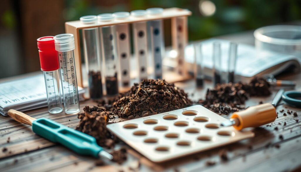 A close-up view of a soil testing kit on a wooden table, with various test tubes, tools, and soil samples arranged neatly. The lighting is soft and natural, highlighting the textures and colors of the soil. The background is blurred, drawing the viewer's attention to the foreground elements. The overall mood is one of scientific inquiry and environmental awareness, reflecting the importance of understanding soil health for successful gardening.