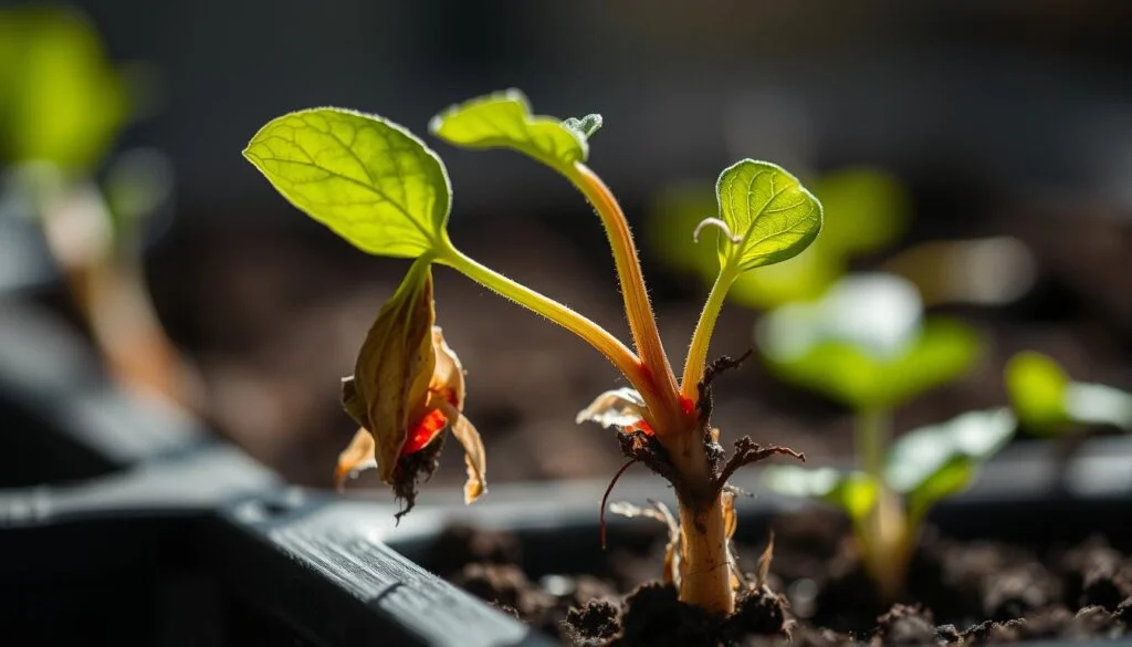 A close-up view of a wilted, discolored seedling struggling to adapt to its new environment after transplantation. The leaves are drooping, the stem is bent, and the roots appear damaged. The background is blurred, with hints of soil and potting mix, conveying a sense of the seedling's distress. The lighting is soft and moody, casting shadows that accentuate the plant's fragile state. A shallow depth of field draws the viewer's attention to the seedling's plight, captured with a DSLR camera lens set to a wide aperture. The overall tone is one of concern and empathy, reflecting the challenges faced by the young plant during the critical transplant process. A close-up view of a wilted, discolored seedling struggling to adapt to its new environment after transplantation. The leaves are drooping, the stem is bent, and the roots appear damaged. The background is blurred, with hints of soil and potting mix, conveying a sense of the seedling's distress. The lighting is soft and moody, casting shadows that accentuate the plant's fragile state. A shallow depth of field draws the viewer's attention to the seedling's plight, captured with a DSLR camera lens set to a wide aperture. The overall tone is one of concern and empathy, reflecting the challenges faced by the young plant during the critical transplant process.