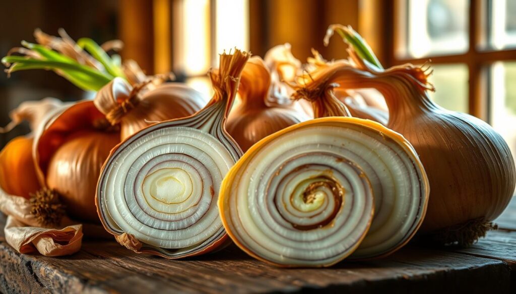 A close-up view of fresh onion bulbs in various stages of peeling, illuminated by warm, natural light streaming through a window. The onions are displayed on a rustic wooden surface, their papery outer layers gently unwrapped to reveal the vibrant, translucent inner layers. The composition highlights the concentric circles and subtle hues of the onion's cross-section, emphasizing the versatility and edibility of the entire plant from root to leaf. A sense of culinary abundance and resourcefulness pervades the scene, inviting the viewer to consider the many ways to minimize food waste by utilizing every part of these humble, yet essential, kitchen staples. A close-up view of fresh onion bulbs in various stages of peeling, illuminated by warm, natural light streaming through a window. The onions are displayed on a rustic wooden surface, their papery outer layers gently unwrapped to reveal the vibrant, translucent inner layers. The composition highlights the concentric circles and subtle hues of the onion's cross-section, emphasizing the versatility and edibility of the entire plant from root to leaf. A sense of culinary abundance and resourcefulness pervades the scene, inviting the viewer to consider the many ways to minimize food waste by utilizing every part of these humble, yet essential, kitchen staples.