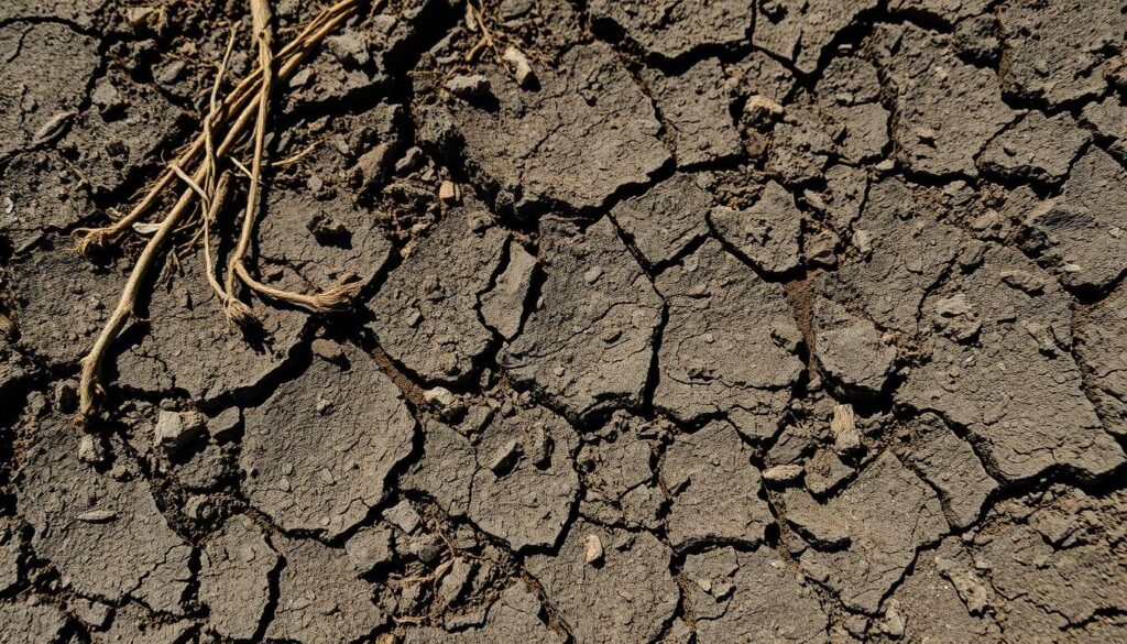 A close-up view of nutrient-depleted soil, its once rich, dark hue faded to a dull, lifeless gray. Cracked and compacted, the parched earth resembles a barren, forgotten landscape, devoid of the vibrant microbiome that once thrived beneath the surface. Scattered remnants of withered roots and decomposing organic matter serve as a stark reminder of the ecosystem's collapse, a consequence of excessive chemical fertilizer use. Harsh, directional lighting casts deep shadows, accentuating the soil's desolate, deteriorating texture, a visual metaphor for the cascading negative impacts on plant health and the broader environment. A close-up view of nutrient-depleted soil, its once rich, dark hue faded to a dull, lifeless gray. Cracked and compacted, the parched earth resembles a barren, forgotten landscape, devoid of the vibrant microbiome that once thrived beneath the surface. Scattered remnants of withered roots and decomposing organic matter serve as a stark reminder of the ecosystem's collapse, a consequence of excessive chemical fertilizer use. Harsh, directional lighting casts deep shadows, accentuating the soil's desolate, deteriorating texture, a visual metaphor for the cascading negative impacts on plant health and the broader environment.