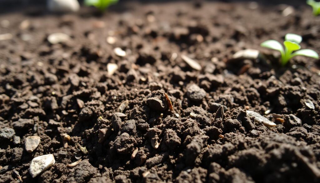 A close-up view of rich, dark brown raised bed soil, its texture a blend of fine particles and chunky organic matter. The soil appears loose and well-aerated, with hints of vermiculite and perlite visible, indicating a carefully crafted mix. The lighting is soft and natural, casting gentle shadows that accentuate the soil's depth and structure. The camera is positioned at a slight angle, providing a visually engaging perspective that showcases the soil's complexity and invites the viewer to imagine the vibrant plant life it could nourish. The overall mood is one of fertile, earthy abundance, capturing the essence of a thriving raised bed ecosystem. A close-up view of rich, dark brown raised bed soil, its texture a blend of fine particles and chunky organic matter. The soil appears loose and well-aerated, with hints of vermiculite and perlite visible, indicating a carefully crafted mix. The lighting is soft and natural, casting gentle shadows that accentuate the soil's depth and structure. The camera is positioned at a slight angle, providing a visually engaging perspective that showcases the soil's complexity and invites the viewer to imagine the vibrant plant life it could nourish. The overall mood is one of fertile, earthy abundance, capturing the essence of a thriving raised bed ecosystem.