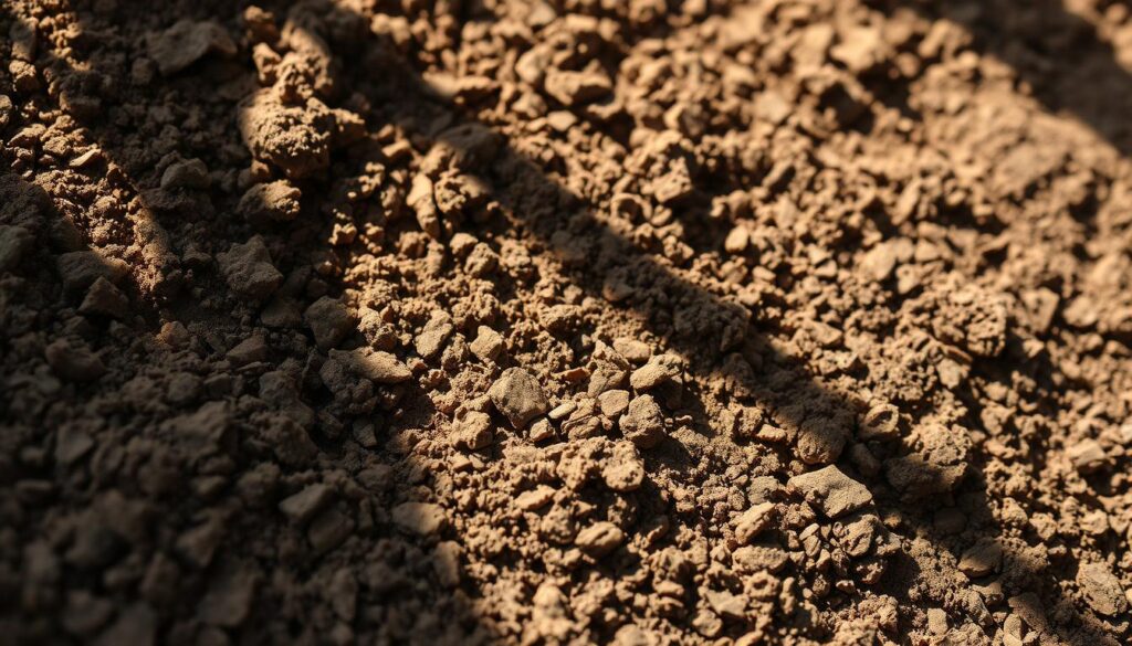 A close-up view of rich, loamy garden soil, revealing its intricate texture and structure. The soil is a deep, earthy brown, with visible organic matter and particles of varying sizes. The surface has a soft, granular appearance, hinting at its excellent drainage and aeration. Sunlight filters through the soil, casting delicate shadows and highlights that accentuate the soil's depth and complexity. The overall composition focuses on the soil, creating a sense of connection with the essential foundation for healthy plant growth, as befitting the section on "Know your soil: texture, structure, and drainage basics". A close-up view of rich, loamy garden soil, revealing its intricate texture and structure. The soil is a deep, earthy brown, with visible organic matter and particles of varying sizes. The surface has a soft, granular appearance, hinting at its excellent drainage and aeration. Sunlight filters through the soil, casting delicate shadows and highlights that accentuate the soil's depth and complexity. The overall composition focuses on the soil, creating a sense of connection with the essential foundation for healthy plant growth, as befitting the section on "Know your soil: texture, structure, and drainage basics".
