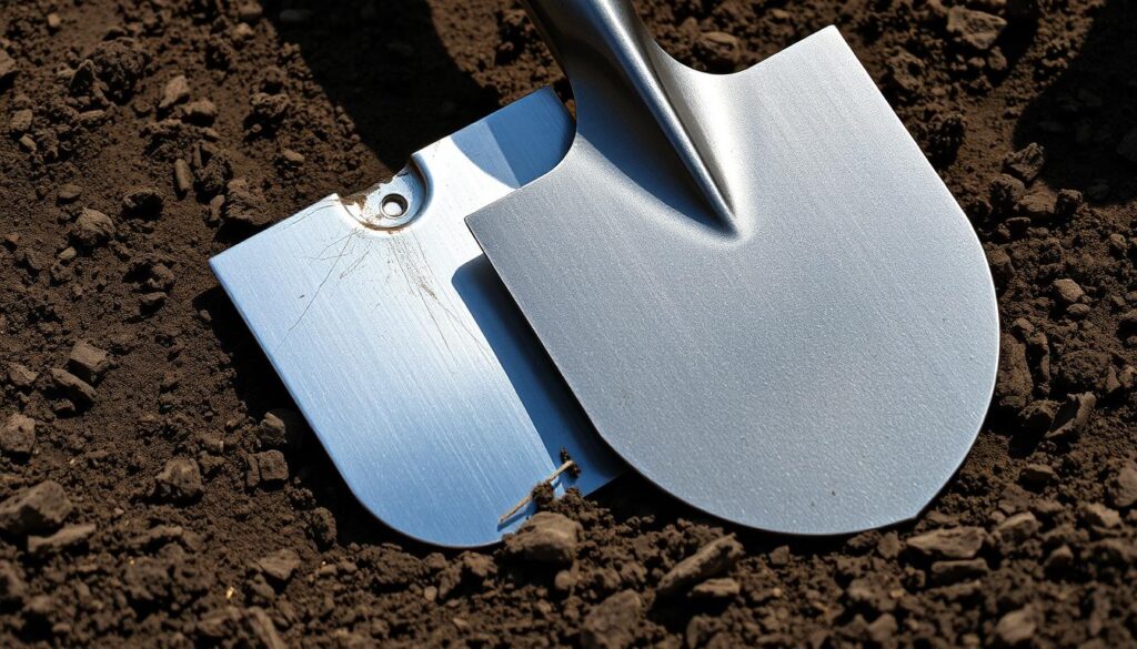 A close-up view of two steel garden tool heads, one stainless steel and one carbon steel, resting on a textured soil surface. The stainless steel head has a sleek, shiny finish, while the carbon steel head has a matte, darker appearance. The lighting is natural, casting subtle shadows that highlight the materials' contrasting properties. The focus is sharp, allowing the viewer to examine the details of the tool heads, including their weight, thickness, and edge sharpness. The overall mood is one of practical, rugged utility, inviting the viewer to consider the merits of each material for use in long-handled gardening tools.