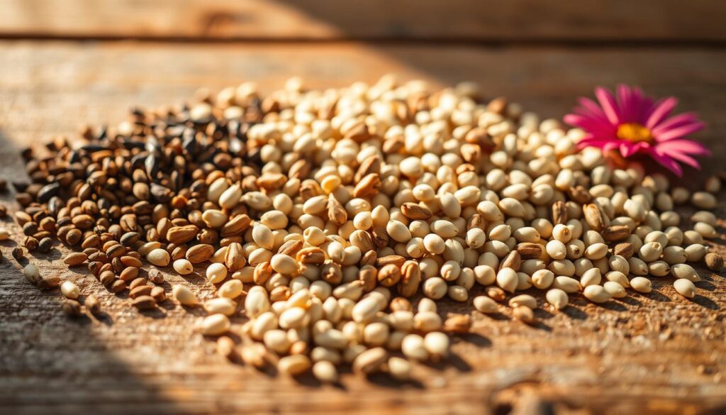 A close-up view of various flower seeds neatly arranged on a rustic wooden surface, illuminated by warm, natural lighting from the side. The seeds are displayed in a visually appealing and organized manner, showcasing their intricate textures, shapes, and colors - ranging from tiny, delicate wildflower seeds to larger, more pronounced sunflower or zinnia seeds. The image conveys a sense of anticipation and the promise of future blooms, evoking the joy of gardening and the cyclical nature of plant life. The overall composition is clean, with a focus on the seeds themselves, allowing the viewer to appreciate the beauty and diversity of these natural marvels. A close-up view of various flower seeds neatly arranged on a rustic wooden surface, illuminated by warm, natural lighting from the side. The seeds are displayed in a visually appealing and organized manner, showcasing their intricate textures, shapes, and colors - ranging from tiny, delicate wildflower seeds to larger, more pronounced sunflower or zinnia seeds. The image conveys a sense of anticipation and the promise of future blooms, evoking the joy of gardening and the cyclical nature of plant life. The overall composition is clean, with a focus on the seeds themselves, allowing the viewer to appreciate the beauty and diversity of these natural marvels.