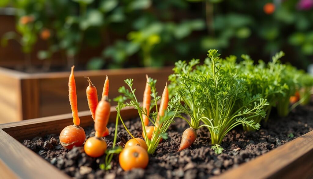 A closeup view of vibrant, short-and-stout carrot varieties growing in a modern, minimalist container. The foreground showcases the rounded, colorful carrots emerging from the rich, earthy soil, their lush green tops reaching upwards. The middle ground features the sleek, wooden planter box with clean lines, framed by a blurred, verdant garden backdrop. Soft, directional lighting casts gentle shadows, highlighting the textural details of the carrots and soil. The overall mood is one of serene, organic growth in an urban setting, perfectly capturing the essence of container carrot cultivation. A closeup view of vibrant, short-and-stout carrot varieties growing in a modern, minimalist container. The foreground showcases the rounded, colorful carrots emerging from the rich, earthy soil, their lush green tops reaching upwards. The middle ground features the sleek, wooden planter box with clean lines, framed by a blurred, verdant garden backdrop. Soft, directional lighting casts gentle shadows, highlighting the textural details of the carrots and soil. The overall mood is one of serene, organic growth in an urban setting, perfectly capturing the essence of container carrot cultivation.