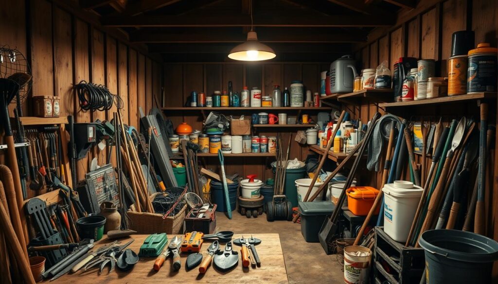 A cluttered garden shed filled with various tools, supplies, and equipment. In the foreground, a collection of gardening tools including pruning shears, trowels, and rakes are neatly organized on a wooden workbench. In the middle ground, shelves and storage containers hold an assortment of hardware, paints, and cleaning products. The background reveals a dimly lit, rustic interior with weathered wooden walls and a dusty concrete floor. Warm, soft lighting from a single overhead lamp creates a cozy, inviting atmosphere, highlighting the textures and materials of the shed's contents. The scene conveys a sense of practicality and functionality, ready to be decluttered and reorganized.