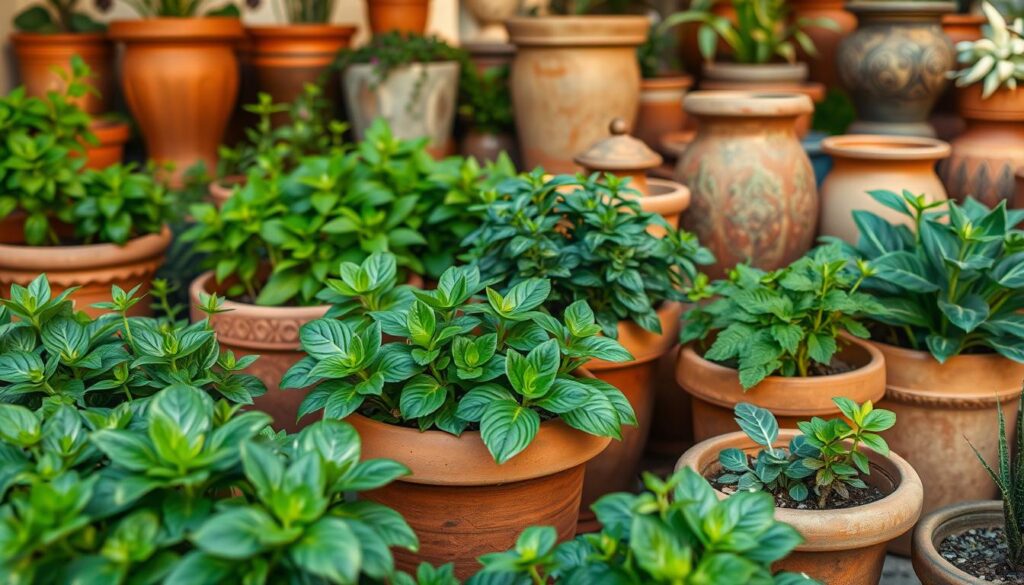 A collection of lush, terracotta planters and ceramic pots arranged in a harmonious display. The foreground features an array of vibrant, leafy plants in varying sizes and shapes, carefully positioned to create a visually appealing composition. The middle ground showcases a mix of textured pots, some with intricate patterns or muted colors, while the background suggests a warm, sun-dappled setting, with soft shadows and gentle highlights that accentuate the natural materials. The overall scene exudes a sense of tranquility and invites the viewer to imagine the sights, scents, and textures of a thriving container garden. A collection of lush, terracotta planters and ceramic pots arranged in a harmonious display. The foreground features an array of vibrant, leafy plants in varying sizes and shapes, carefully positioned to create a visually appealing composition. The middle ground showcases a mix of textured pots, some with intricate patterns or muted colors, while the background suggests a warm, sun-dappled setting, with soft shadows and gentle highlights that accentuate the natural materials. The overall scene exudes a sense of tranquility and invites the viewer to imagine the sights, scents, and textures of a thriving container garden.