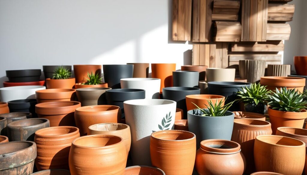 A collection of planters in a well-lit studio setting, showcasing a variety of materials, shapes, and sizes. In the foreground, an array of terracotta pots in earthy tones, their textured surfaces contrasting with the smooth finish of a fiberglass planter. In the middle ground, a cluster of sleek, minimalist plastic planters in a range of colors, highlighting their versatility. The background features a display of rustic, weathered wooden planters, casting soft shadows and creating a sense of depth. The lighting is soft and even, accentuating the unique qualities of each material. The overall composition emphasizes the visual appeal and practical considerations of selecting the right planter for different plant needs. A collection of planters in a well-lit studio setting, showcasing a variety of materials, shapes, and sizes. In the foreground, an array of terracotta pots in earthy tones, their textured surfaces contrasting with the smooth finish of a fiberglass planter. In the middle ground, a cluster of sleek, minimalist plastic planters in a range of colors, highlighting their versatility. The background features a display of rustic, weathered wooden planters, casting soft shadows and creating a sense of depth. The lighting is soft and even, accentuating the unique qualities of each material. The overall composition emphasizes the visual appeal and practical considerations of selecting the right planter for different plant needs.