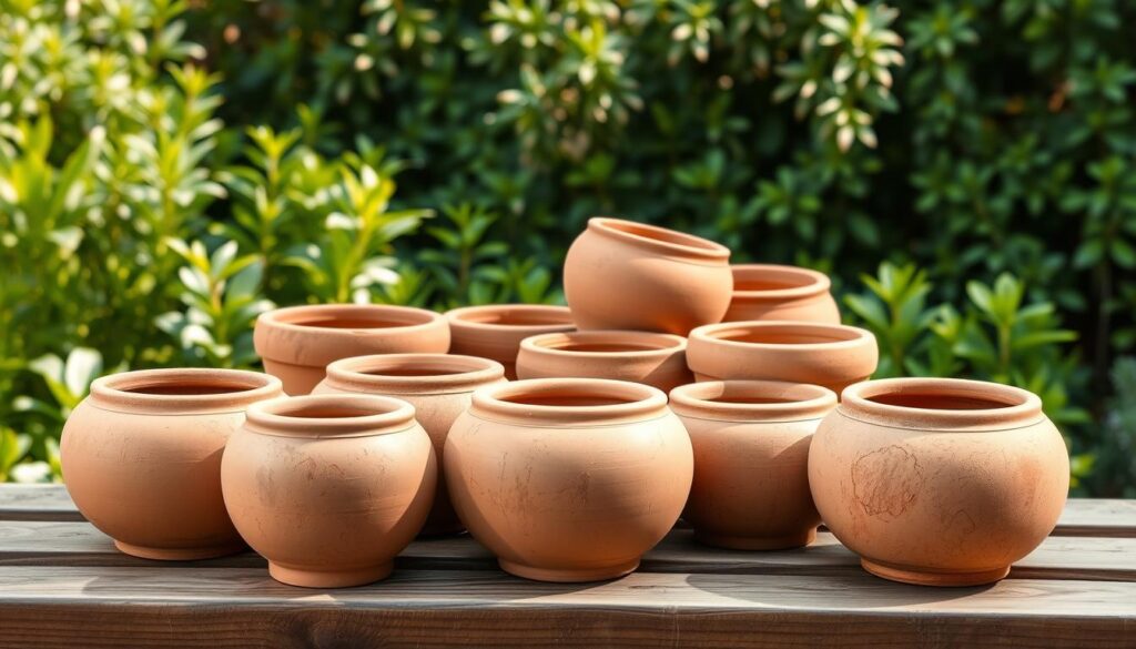 A collection of round terracotta planters, neatly arranged on a wooden garden bench. The planters have a classic, earthy aesthetic, with a smooth, matte finish and slightly textured surfaces. The arrangement is lit by soft, natural lighting, casting gentle shadows and highlighting the organic shapes. In the background, a lush, green foliage-filled garden provides a serene, natural backdrop. The overall scene conveys a sense of simplicity, harmony, and the beauty of natural materials in gardening. A collection of round terracotta planters, neatly arranged on a wooden garden bench. The planters have a classic, earthy aesthetic, with a smooth, matte finish and slightly textured surfaces. The arrangement is lit by soft, natural lighting, casting gentle shadows and highlighting the organic shapes. In the background, a lush, green foliage-filled garden provides a serene, natural backdrop. The overall scene conveys a sense of simplicity, harmony, and the beauty of natural materials in gardening.