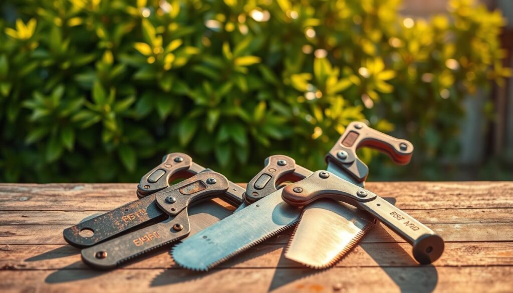 A collection of rugged folding saws arranged on a wooden workbench, the blades glistening under the warm, directional lighting. The saws are positioned in the foreground, each with a unique handle and teeth design, suggesting their specialized purposes for pruning branches and shaping wood. In the middle ground, a lush, verdant foliage backdrop adds a touch of natural tranquility, while the background fades into a soft, hazy blur, creating a sense of depth and focus on the tools. The overall composition and lighting evoke a sense of craftsmanship, practicality, and the joy of outdoor yard work. A collection of rugged folding saws arranged on a wooden workbench, the blades glistening under the warm, directional lighting. The saws are positioned in the foreground, each with a unique handle and teeth design, suggesting their specialized purposes for pruning branches and shaping wood. In the middle ground, a lush, verdant foliage backdrop adds a touch of natural tranquility, while the background fades into a soft, hazy blur, creating a sense of depth and focus on the tools. The overall composition and lighting evoke a sense of craftsmanship, practicality, and the joy of outdoor yard work.
