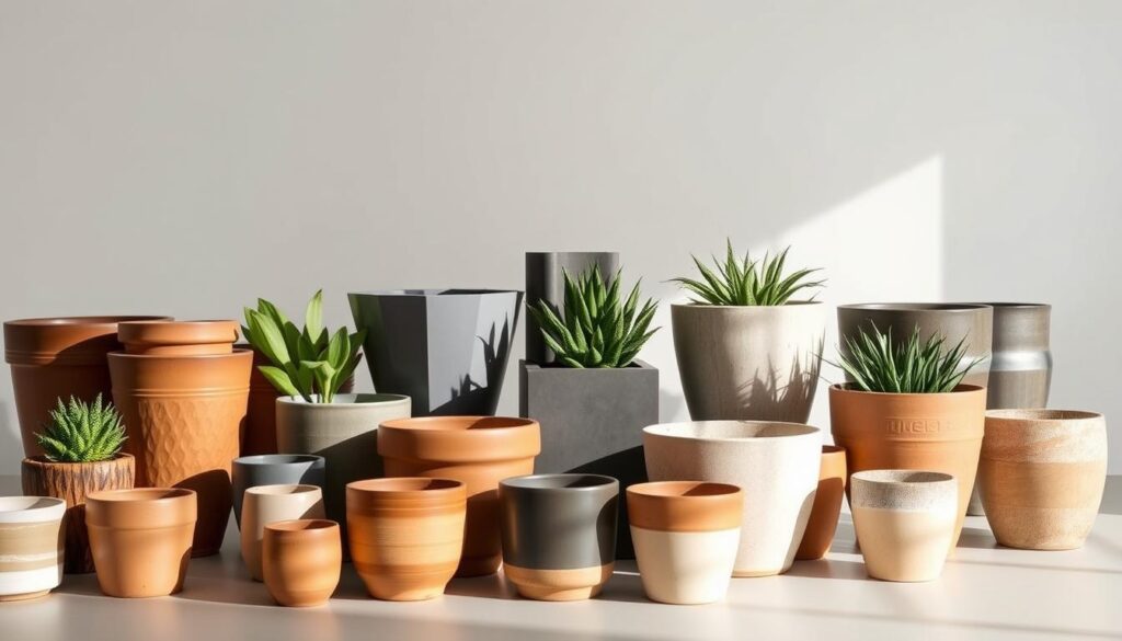 A collection of various pot shapes and sizes arranged in a harmonious still life composition, illuminated by soft, natural lighting that accentuates their unique profiles and textures. The foreground features a range of classic ceramic pots in earthy tones, displaying a variety of heights and widths. In the middle ground, a selection of sleek, modern planters in different geometric shapes and sizes, creating visual interest. The background subtly hints at a minimal, neutral backdrop, allowing the focus to remain on the captivating pot forms. The overall atmosphere conveys a sense of balance, simplicity, and the aesthetic appeal of functional garden containers. A collection of various pot shapes and sizes arranged in a harmonious still life composition, illuminated by soft, natural lighting that accentuates their unique profiles and textures. The foreground features a range of classic ceramic pots in earthy tones, displaying a variety of heights and widths. In the middle ground, a selection of sleek, modern planters in different geometric shapes and sizes, creating visual interest. The background subtly hints at a minimal, neutral backdrop, allowing the focus to remain on the captivating pot forms. The overall atmosphere conveys a sense of balance, simplicity, and the aesthetic appeal of functional garden containers.