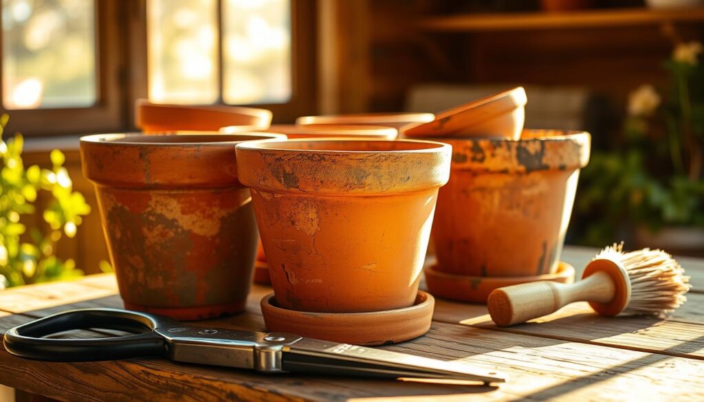 A collection of weathered terracotta garden pots arranged on a wooden table, bathed in warm, golden sunlight streaming in from a nearby window. The pots have a rustic, well-worn appearance, with subtle variations in color and texture, hinting at their history of use. In the foreground, a pair of pruning shears and a small brush rest nearby, suggesting the process of cleaning and preparing the pots for off-season storage. The overall scene conveys a sense of tranquility and the satisfaction of tending to one's gardening tools and accessories.