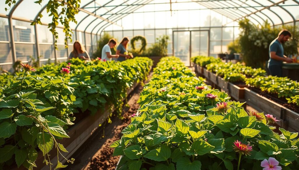 A community greenhouse with lush, verdant plants thriving under the warm, golden rays of the sun. The foreground features a variety of leafy greens, vibrant flowers, and trailing vines cascading down the raised beds. In the middle ground, people tend to their plants, their faces alight with a sense of pride and connection. The background showcases the greenhouse's airy, glass-paneled structure, allowing natural light to flood the space and create a serene, rejuvenating atmosphere. The overall scene evokes a feeling of community, sustainability, and a deep appreciation for the natural world. A community greenhouse with lush, verdant plants thriving under the warm, golden rays of the sun. The foreground features a variety of leafy greens, vibrant flowers, and trailing vines cascading down the raised beds. In the middle ground, people tend to their plants, their faces alight with a sense of pride and connection. The background showcases the greenhouse's airy, glass-paneled structure, allowing natural light to flood the space and create a serene, rejuvenating atmosphere. The overall scene evokes a feeling of community, sustainability, and a deep appreciation for the natural world.