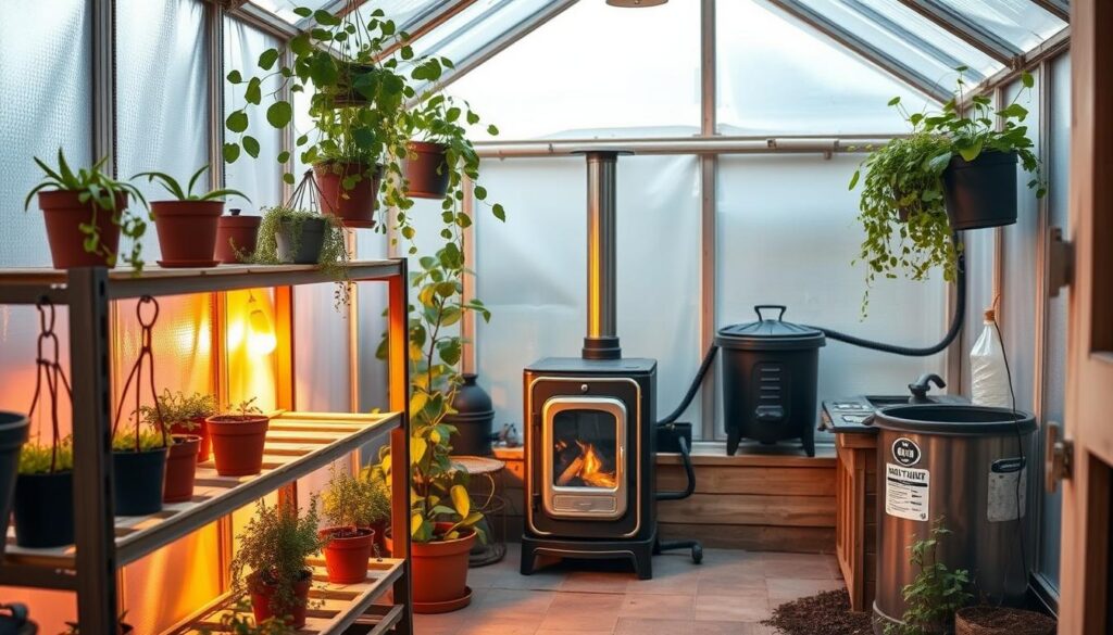A compact, well-designed greenhouse with a mix of cost-effective upgrades. In the foreground, a set of sturdy shelves holds a variety of potted plants, while hanging baskets with trailing vines add a lush, natural touch. Warm lighting casts a cozy glow, complemented by the soft, diffused daylight filtering through the greenhouse's insulated walls. In the middle ground, a compact wood-burning stove stands ready to provide efficient off-grid heating, its polished exterior reflecting the ambient light. The background features a simple yet functional setup, with a rainwater collection system and a small composting area, demonstrating a holistic, sustainable approach to greenhouse maintenance. An atmosphere of practicality, resourcefulness, and eco-friendly solutions pervades the scene. A compact, well-designed greenhouse with a mix of cost-effective upgrades. In the foreground, a set of sturdy shelves holds a variety of potted plants, while hanging baskets with trailing vines add a lush, natural touch. Warm lighting casts a cozy glow, complemented by the soft, diffused daylight filtering through the greenhouse's insulated walls. In the middle ground, a compact wood-burning stove stands ready to provide efficient off-grid heating, its polished exterior reflecting the ambient light. The background features a simple yet functional setup, with a rainwater collection system and a small composting area, demonstrating a holistic, sustainable approach to greenhouse maintenance. An atmosphere of practicality, resourcefulness, and eco-friendly solutions pervades the scene.