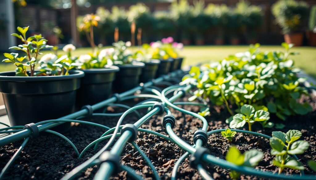 A container garden with a carefully planned drip irrigation system. In the foreground, a close-up view of the irrigation tubing and emitters, their intricate network delivering water precisely to the plant roots. The middle ground showcases the container setup, with a variety of thriving plants and flowers. In the background, a serene outdoor setting, with a focus on the thoughtful layout and integration of the irrigation system. Soft, natural lighting illuminates the scene, casting gentle shadows and highlighting the details. The overall mood is one of efficiency, sustainability, and the harmonious blending of technology and nature. A container garden with a carefully planned drip irrigation system. In the foreground, a close-up view of the irrigation tubing and emitters, their intricate network delivering water precisely to the plant roots. The middle ground showcases the container setup, with a variety of thriving plants and flowers. In the background, a serene outdoor setting, with a focus on the thoughtful layout and integration of the irrigation system. Soft, natural lighting illuminates the scene, casting gentle shadows and highlighting the details. The overall mood is one of efficiency, sustainability, and the harmonious blending of technology and nature.