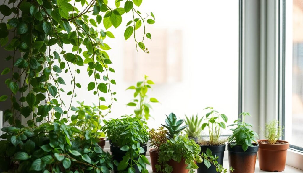 A cozy and well-lit interior setting showcasing a variety of small-scale potted plants thriving on a windowsill or shelf. The foreground features a diverse array of lush, verdant foliage in an assortment of shapes, textures, and shades of green. Trailing vines, compact succulents, and miniature potted herbs create a harmonious and visually appealing composition. The middle ground depicts a clean, minimalist backdrop, perhaps a plain white wall or a sleek wooden surface, allowing the plants to take center stage. Soft, natural lighting from the window casts a warm, inviting glow across the scene, highlighting the vibrant colors and textures of the thriving indoor garden. An overall sense of coziness, tranquility, and the joys of small-space gardening is conveyed. A cozy and well-lit interior setting showcasing a variety of small-scale potted plants thriving on a windowsill or shelf. The foreground features a diverse array of lush, verdant foliage in an assortment of shapes, textures, and shades of green. Trailing vines, compact succulents, and miniature potted herbs create a harmonious and visually appealing composition. The middle ground depicts a clean, minimalist backdrop, perhaps a plain white wall or a sleek wooden surface, allowing the plants to take center stage. Soft, natural lighting from the window casts a warm, inviting glow across the scene, highlighting the vibrant colors and textures of the thriving indoor garden. An overall sense of coziness, tranquility, and the joys of small-space gardening is conveyed.