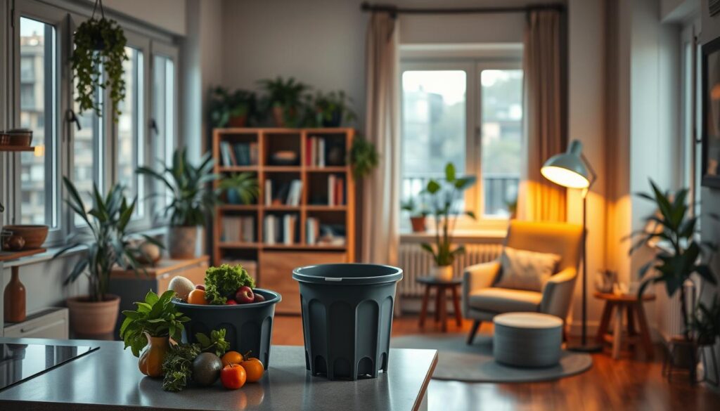 A cozy apartment interior, bathed in warm, diffused lighting from large windows. A small kitchen area in the foreground, with a compost bin sitting on the countertop next to fresh produce. Midground showcases a reading nook with a plush armchair and a potted plant. The background features a bookshelf, with plants and natural décor elements creating a serene, apartment-friendly atmosphere. The composition emphasizes open, decluttered spaces that invite productivity and mindfulness. Overall, the scene conveys a harmonious, eco-conscious living environment suitable for urban composting. A cozy apartment interior, bathed in warm, diffused lighting from large windows. A small kitchen area in the foreground, with a compost bin sitting on the countertop next to fresh produce. Midground showcases a reading nook with a plush armchair and a potted plant. The background features a bookshelf, with plants and natural décor elements creating a serene, apartment-friendly atmosphere. The composition emphasizes open, decluttered spaces that invite productivity and mindfulness. Overall, the scene conveys a harmonious, eco-conscious living environment suitable for urban composting.