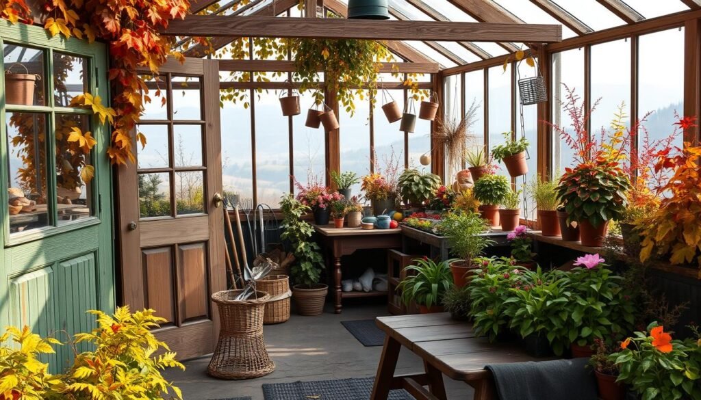 A cozy autumn greenhouse, the exterior adorned with vibrant foliage and a weathered wooden frame. Inside, sunlight filters through the glass panels, illuminating a lush array of plants and gardening tools neatly arranged. In the foreground, a wooden bench invites visitors to pause and admire the serene scene. Lush potted plants, their leaves turning shades of gold and crimson, line the shelves, while a small table displays seasonal decor. The background features a backdrop of misty hills, hinting at the transitional nature of the season. The mood is one of quiet contemplation, a sanctuary to prepare for the colder months ahead.