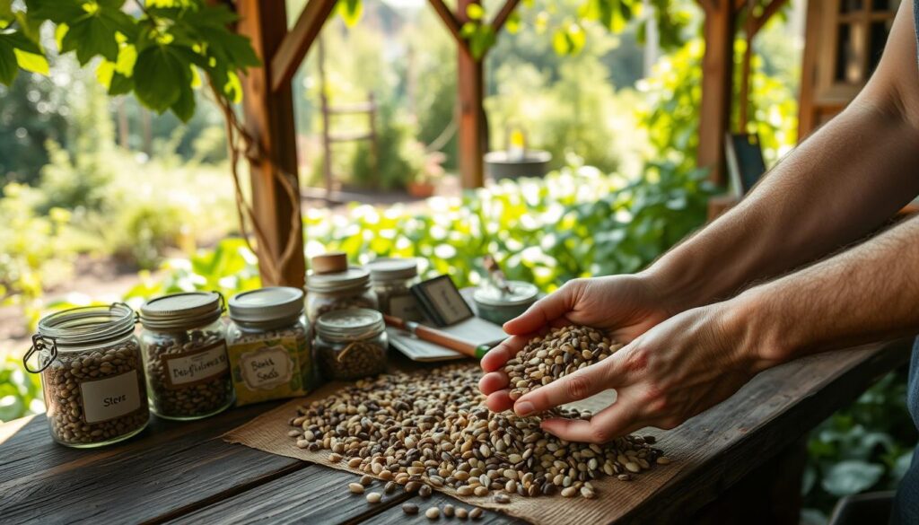 A cozy corner of a rustic garden, sunlight filtering through the leaves. On a wooden table, a collection of heirloom seeds in jars and packets, arranged with care. In the foreground, a pair of weathered hands gently sifting through the seeds, selecting the best for next season's planting. The background features lush greenery, a neatly tended vegetable patch, and a sense of tranquility, inviting the viewer to embrace the simple pleasures of gardening and seed-saving. A cozy corner of a rustic garden, sunlight filtering through the leaves. On a wooden table, a collection of heirloom seeds in jars and packets, arranged with care. In the foreground, a pair of weathered hands gently sifting through the seeds, selecting the best for next season's planting. The background features lush greenery, a neatly tended vegetable patch, and a sense of tranquility, inviting the viewer to embrace the simple pleasures of gardening and seed-saving.