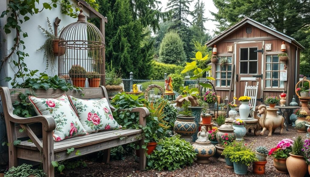 A cozy cottage garden teeming with an eclectic mix of vintage finds and repurposed treasures. In the foreground, a rustic wooden bench adorned with plush floral cushions invites visitors to pause and admire the scene. Trailing vines and lush potted plants cascade over the weathered surface, creating a charming, lived-in atmosphere. In the middle ground, an upcycled birdcage stands tall, its intricate metalwork gleaming in the soft, natural light. Nearby, a collection of mismatched ceramic planters overflow with a riot of colorful blooms. In the background, a quaint wooden shed, its paint peeling, blends seamlessly into a verdant backdrop of towering trees and whimsical garden ornaments. Throughout, a sense of rustic elegance and a celebration of the imperfect permeates the composition. A cozy cottage garden teeming with an eclectic mix of vintage finds and repurposed treasures. In the foreground, a rustic wooden bench adorned with plush floral cushions invites visitors to pause and admire the scene. Trailing vines and lush potted plants cascade over the weathered surface, creating a charming, lived-in atmosphere. In the middle ground, an upcycled birdcage stands tall, its intricate metalwork gleaming in the soft, natural light. Nearby, a collection of mismatched ceramic planters overflow with a riot of colorful blooms. In the background, a quaint wooden shed, its paint peeling, blends seamlessly into a verdant backdrop of towering trees and whimsical garden ornaments. Throughout, a sense of rustic elegance and a celebration of the imperfect permeates the composition.