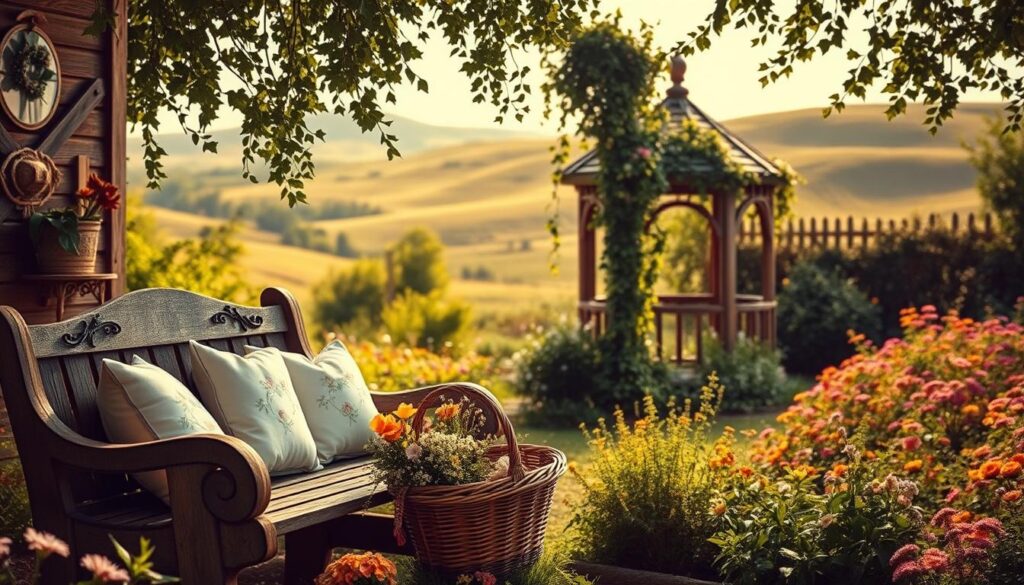 A cozy country cottage nestled in a lush, verdant garden. The foreground features a weathered wooden bench adorned with delicate floral cushions, complemented by a vintage wicker basket overflowing with freshly picked wildflowers. In the middle ground, a charming gazebo draped in cascading vines and trailing ivy provides a natural focal point. The background showcases a tapestry of perennial blooms in a warm, earthy color palette, set against a backdrop of softly rolling hills. Natural light filters through the canopy, casting a warm, golden glow and imbuing the scene with a timeless, nostalgic ambiance. The overall composition evokes a sense of tranquility, inviting the viewer to slow down and immerse themselves in the timeless, rustic charm of this idyllic cottage garden. A cozy country cottage nestled in a lush, verdant garden. The foreground features a weathered wooden bench adorned with delicate floral cushions, complemented by a vintage wicker basket overflowing with freshly picked wildflowers. In the middle ground, a charming gazebo draped in cascading vines and trailing ivy provides a natural focal point. The background showcases a tapestry of perennial blooms in a warm, earthy color palette, set against a backdrop of softly rolling hills. Natural light filters through the canopy, casting a warm, golden glow and imbuing the scene with a timeless, nostalgic ambiance. The overall composition evokes a sense of tranquility, inviting the viewer to slow down and immerse themselves in the timeless, rustic charm of this idyllic cottage garden.