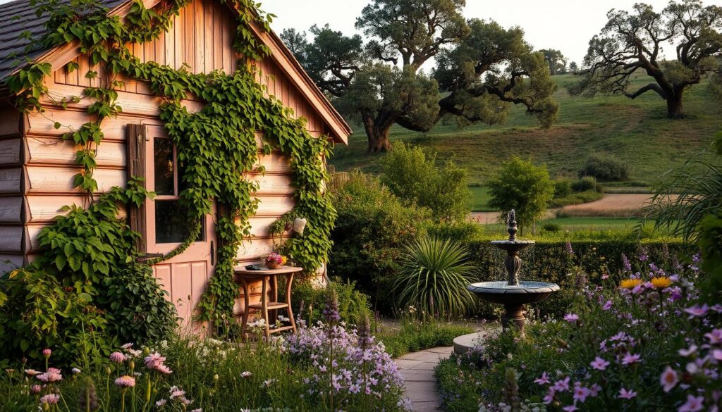 A cozy, faded rose-colored cottage nestled amidst a lush, verdant garden. Overgrown sage-green vines crawl up the weathered wooden walls, their delicate leaves catching the soft, ambient light. In the foreground, a quaint garden path winds through a mixture of wildflowers, their petals in shades of pink, lavender, and pale yellow. The middle ground features a small, bubbling fountain, its water sparkling like diamonds. In the background, a rolling hill dotted with mature oak trees provides a tranquil, natural backdrop. The overall atmosphere is one of serene, timeless beauty, capturing the essence of a quintessential cottagecore setting. A cozy, faded rose-colored cottage nestled amidst a lush, verdant garden. Overgrown sage-green vines crawl up the weathered wooden walls, their delicate leaves catching the soft, ambient light. In the foreground, a quaint garden path winds through a mixture of wildflowers, their petals in shades of pink, lavender, and pale yellow. The middle ground features a small, bubbling fountain, its water sparkling like diamonds. In the background, a rolling hill dotted with mature oak trees provides a tranquil, natural backdrop. The overall atmosphere is one of serene, timeless beauty, capturing the essence of a quintessential cottagecore setting.