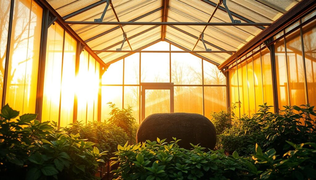 A cozy greenhouse bathed in warm, golden light, its interior filled with verdant plants and a central thermal mass structure. The glass walls and ceiling allow abundant natural illumination, while a series of micro-heaters discreetly line the walls, maintaining a stable, comfortable temperature. In the foreground, the thermal mass - a large, dark-colored structure - absorbs and radiates heat, creating a consistent microclimate. Lush foliage surrounds the thermal mass, thriving in the insulated environment. The overall scene conveys a sense of tranquility, efficiency, and sustainable energy management. A cozy greenhouse bathed in warm, golden light, its interior filled with verdant plants and a central thermal mass structure. The glass walls and ceiling allow abundant natural illumination, while a series of micro-heaters discreetly line the walls, maintaining a stable, comfortable temperature. In the foreground, the thermal mass - a large, dark-colored structure - absorbs and radiates heat, creating a consistent microclimate. Lush foliage surrounds the thermal mass, thriving in the insulated environment. The overall scene conveys a sense of tranquility, efficiency, and sustainable energy management.